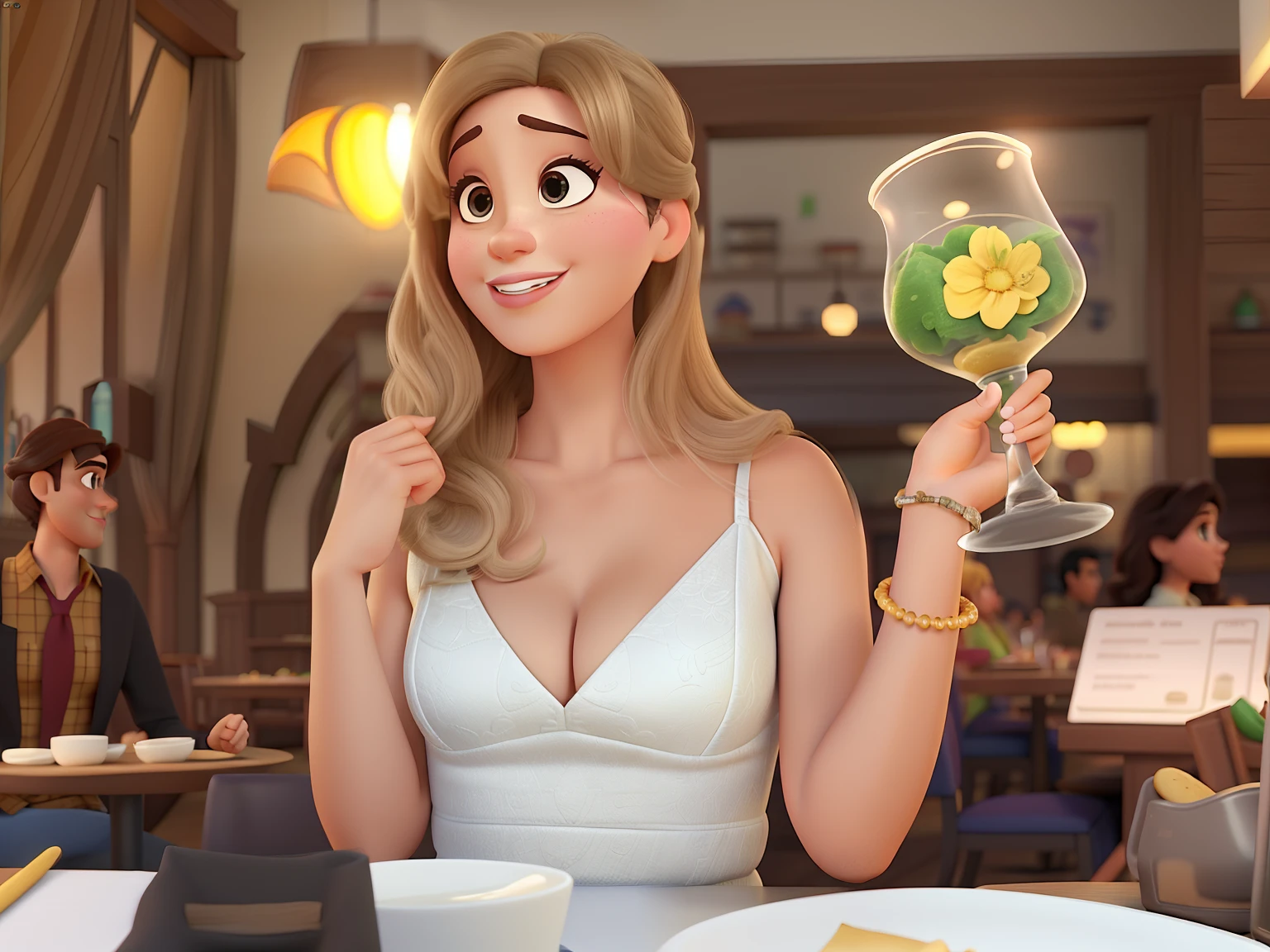 Poster no estilo Disney pixar, alta qualidade, melhor qualidade, mulher parda e sexy, 30 anos cabelo loiro longo, corpo esbelto, background de restaurante, fazendo um brinde