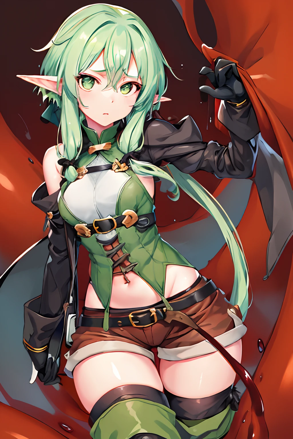 masutepiece, Best Quality, hight resolution, 1girl in, elf, pointy ear, Green hair, Long hair, side locks, Hair Bow, Small breasts, cloaks, Green eyes, Black Gloves, Brown shorts, green thighhighs, Short shorts, Belt bag,embarassed expression、((Caught by tentacles))、((Tentacles are inserted))、((whole body Dripping wet))