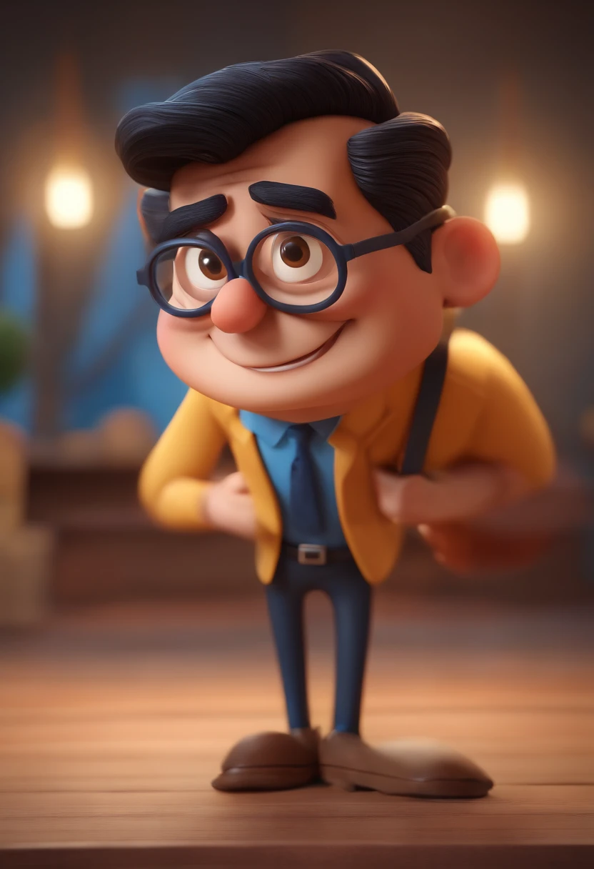 Cartoon character of a man wearing black glasses and a blue shirt, um personagem animado, Caractere estilizado, animation style rendering, 3D estilizado, Arnold Maya render, 3 d render stylized, toon render keyshot, Personagem 3D, Personagem 3D, 3d rendering stylized, 3 d character render, personagem de desenho animado, Personagem de close up, Pose de personagem, (Estilo Pixar) (master part:1.2) (Bokeh) (best quality) (pele detalhada) (textura detalhada) (8k) (argila) (Cinematic lighting) (foco nítido，Senta e vaza a parte superior do corpo