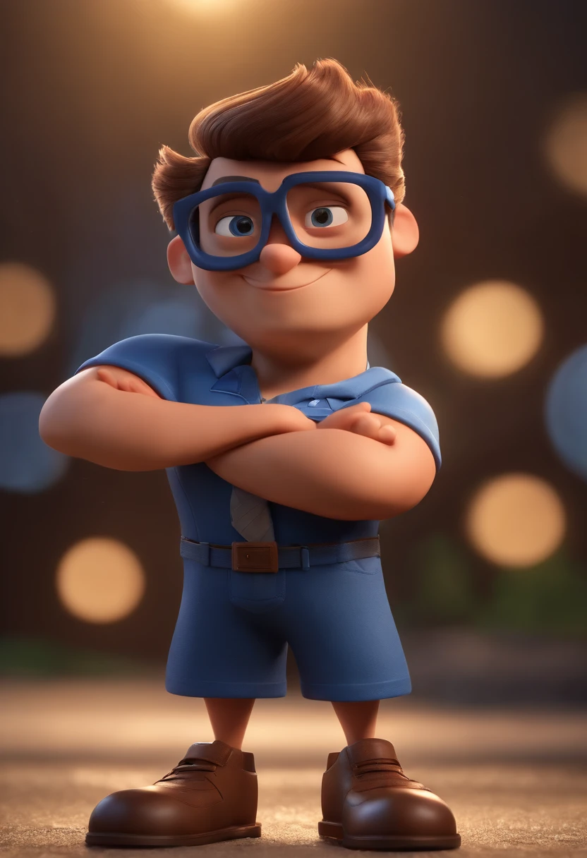 Cartoon character of a man wearing black glasses and a blue shirt, um personagem animado, Caractere estilizado, animation style rendering, 3D estilizado, Arnold Maya render, 3 d render stylized, toon render keyshot, Personagem 3D, Personagem 3D, 3d rendering stylized, 3 d character render, personagem de desenho animado, Personagem de close up, Pose de personagem, (Estilo Pixar) (master part:1.2) (Bokeh) (best quality) (pele detalhada) (textura detalhada) (8k) (argila) (Cinematic lighting) (foco nítido,Senta e vaza a parte superior do corpo