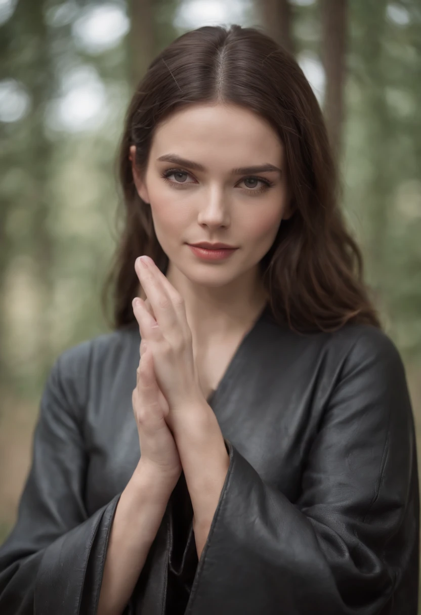 A woman wearing a black leather robe with five fingers on both hands