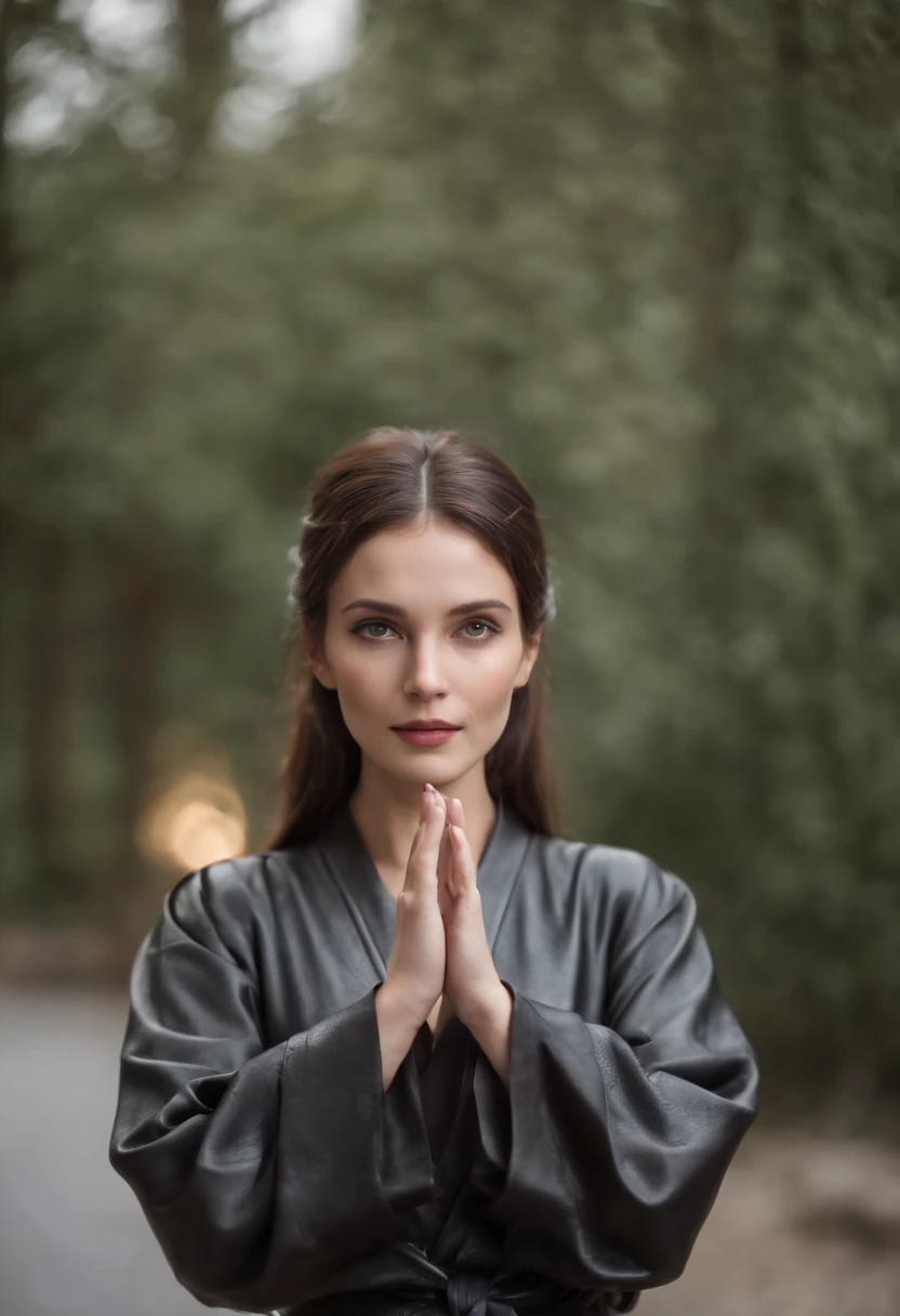 A woman wearing a black leather robe with five fingers on both hands