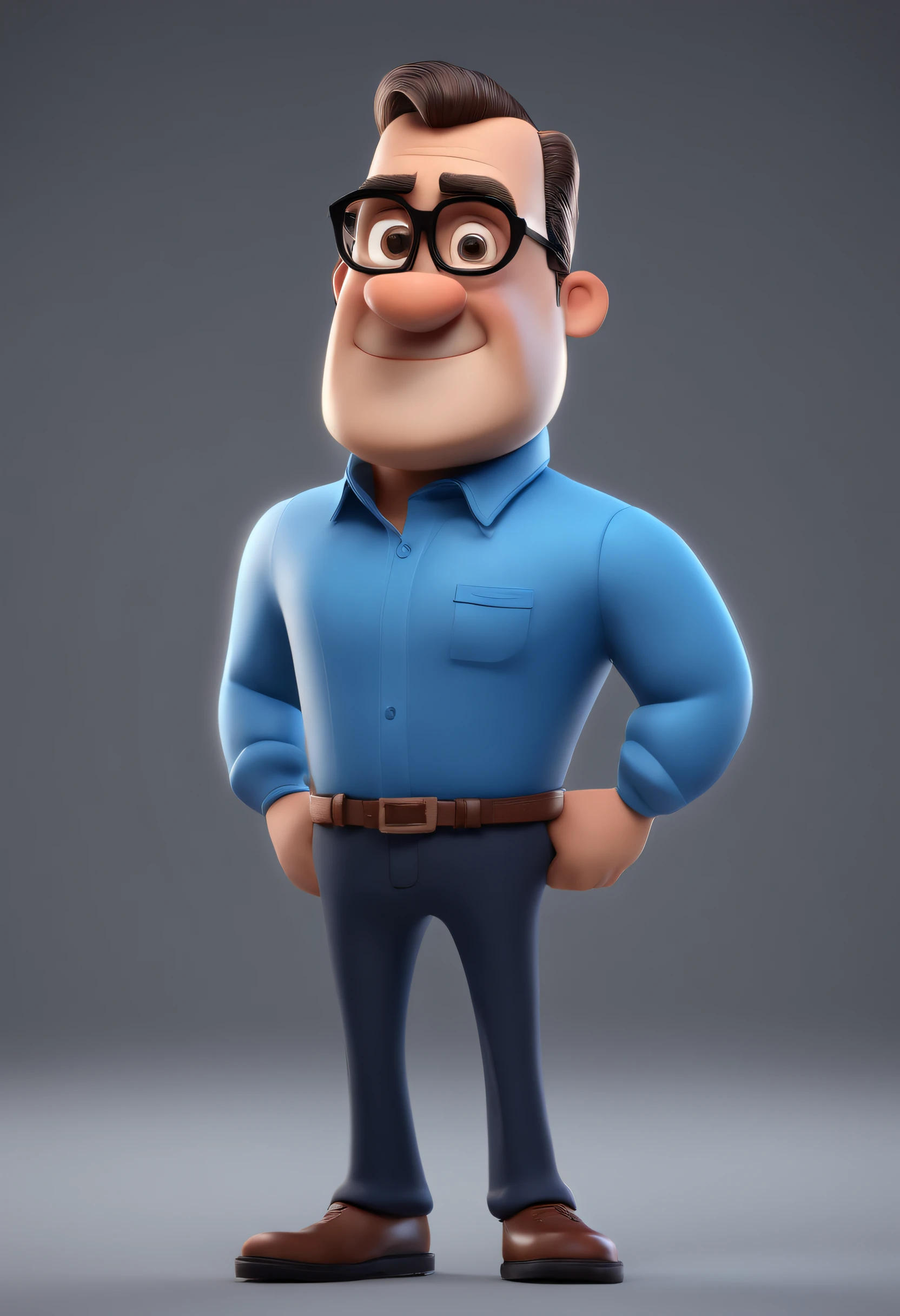 Cartoon character of a man with black glasses and a blue shirt, animation character, Caractere estilizado, animation style rendering, 3D estilizado, Arnold Maya render, 3 d render stylized, toon render keyshot, Personagem 3D, Personagem 3D, 3d rendering stylized, 3 d character render, personagem de desenho animado, Personagem de close up, Pose de personagem, (Estilo Pixar) (master part:1.2) (Bokeh) (best quality) (pele detalhada) (textura detalhada) (8k) (argila) (Cinematic lighting) (foco nítido