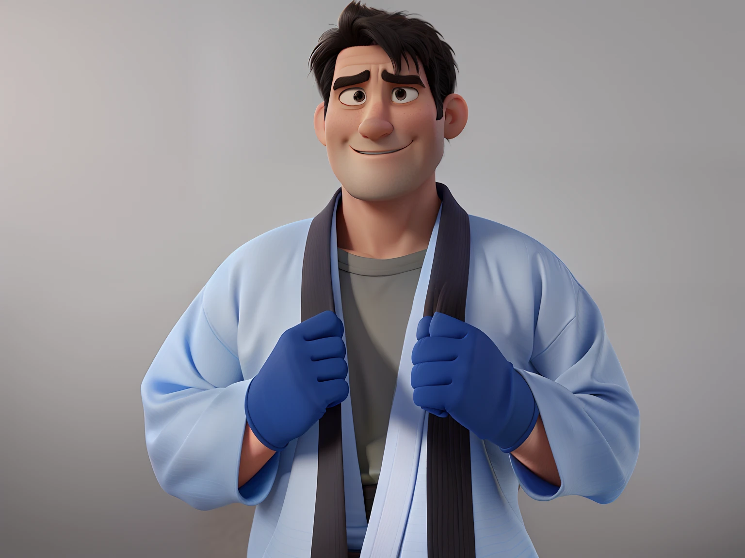 Pixar style animation,  Man in karate kimono and blue gloves