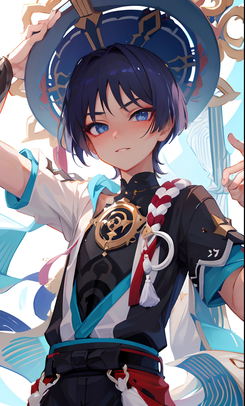 (Masterpiece), (Best Quality), (Ultra Detailed), (Wanderer), Upper Body Nudity, Night, Sexy Look, Handsome, Eager to Watch, Blushing, Tsundere Features
