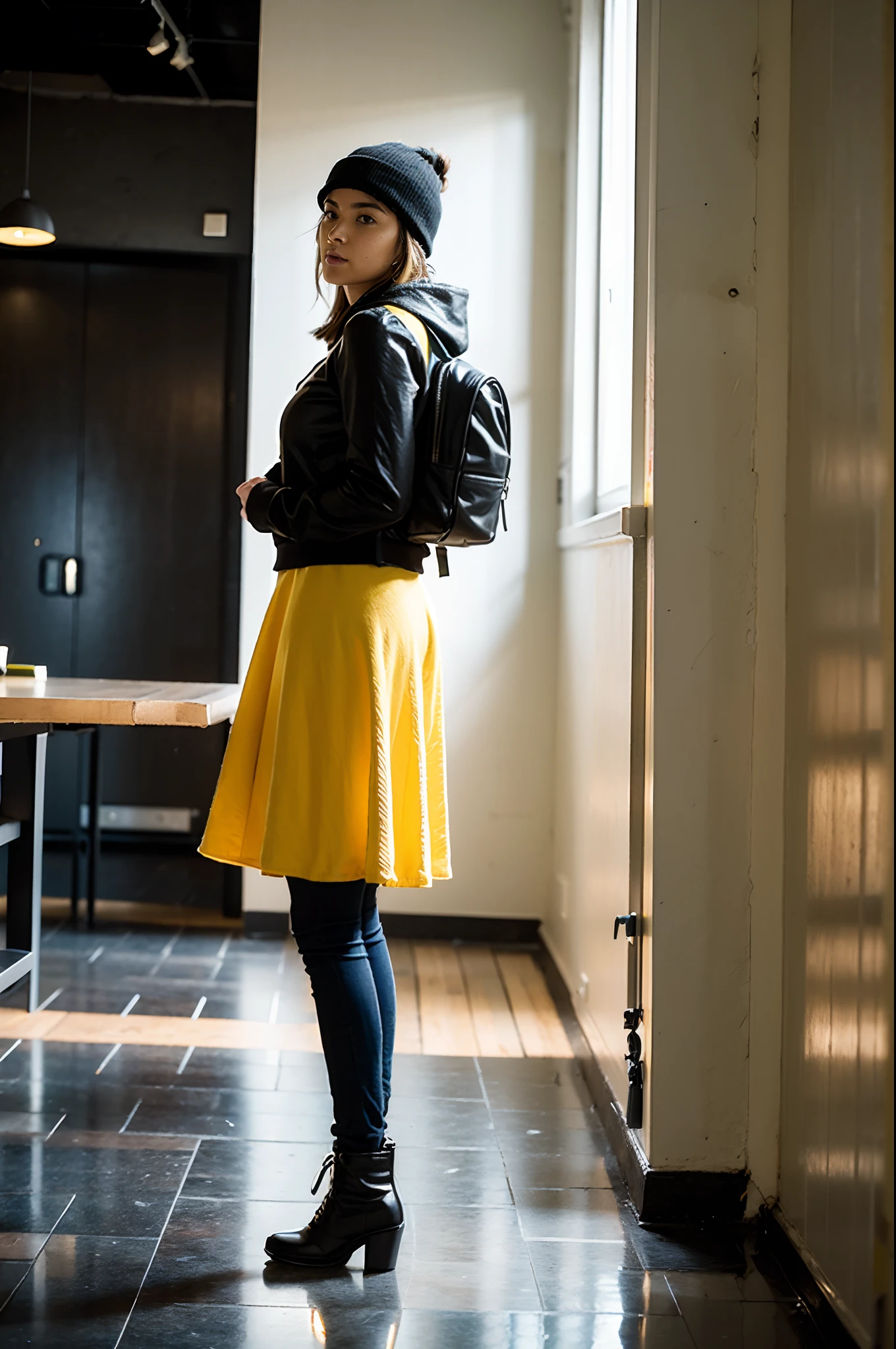 soio、Light green flared skirt,Depiction of the Shadows、Black boots,Soft lighting,Yellow oversized hoodie,Avert your gaze as you wear a hoodie on your head,Walking pose with a big stride、With a large bouquet of flowers in one hand,Jeans pants,Side view angle,Young European beauties, Yellow-toned outfit,Black backpack、