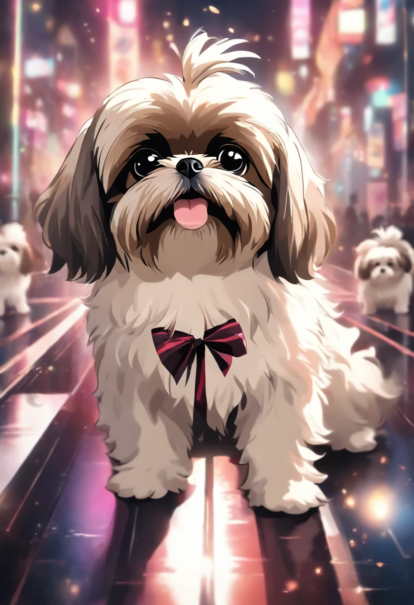 There's a small shih tzu dog mixed in black and white colors with a bow tie, peluda bonita precisa de sua ajuda, Looking towards the camera, queixo pequeno, bonita, taken with sony a7r camera, olhar desleixado, Oi, monochrome black and white, lovingly looking at camera