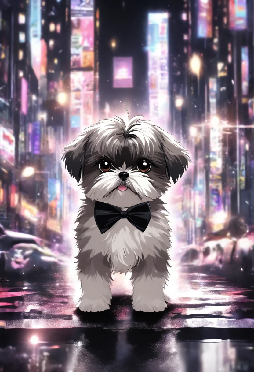 There's a small shih tzu dog mixed in black and white colors with a bow tie, peluda bonita precisa de sua ajuda, Looking towards the camera, queixo pequeno, bonita, taken with sony a7r camera, olhar desleixado, Oi, monochrome black and white, lovingly looking at camera