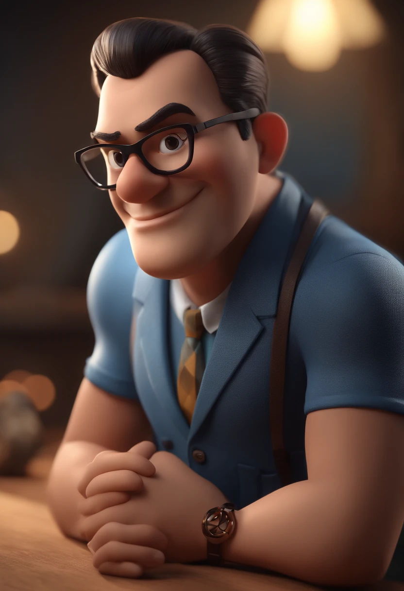 Cartoon character of a man with black glasses and a blue shirt, animation character, Caractere estilizado, animation style rendering, 3D estilizado, Arnold Maya render, 3 d render stylized, toon render keyshot, Personagem 3D, Personagem 3D, 3d rendering stylized, 3 d character render, personagem de desenho animado, Personagem de close up, Pose de personagem, (Estilo Pixar) (master part:1.2) (Bokeh) (best quality) (pele detalhada) (textura detalhada) (8k) (argila) (Cinematic lighting) (foco nítido