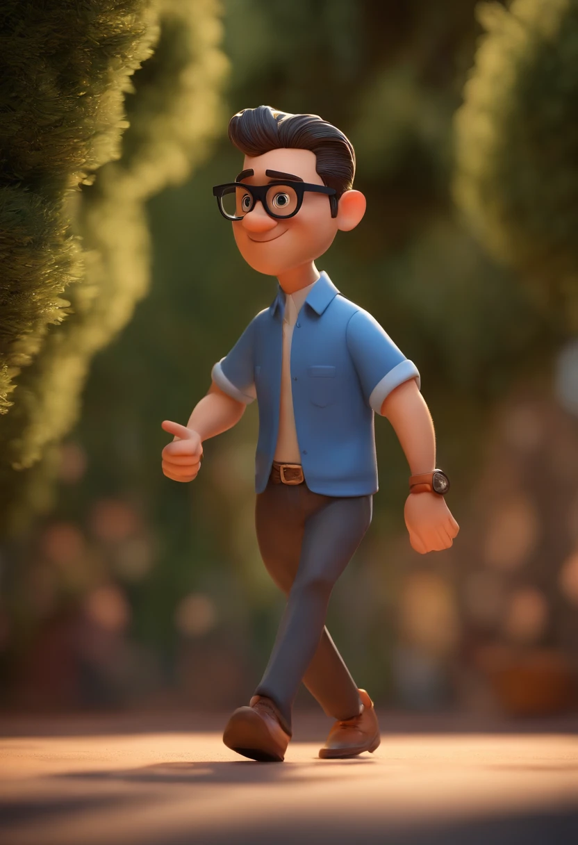 Cartoon character of a man wearing black glasses and a blue shirt, um personagem animado, Caractere estilizado, animation style rendering, 3D estilizado, Arnold Maya render, 3 d render stylized, toon render keyshot, Personagem 3D, Personagem 3D, 3d rendering stylized, 3 d character render, personagem de desenho animado, Personagem de close up, Pose de personagem, (Estilo Pixar) (master part:1.2) (Bokeh) (best quality) (pele detalhada) (textura detalhada) (8k) (argila) (Cinematic lighting) (foco nítido,Senta e vaza a parte superior do corpo