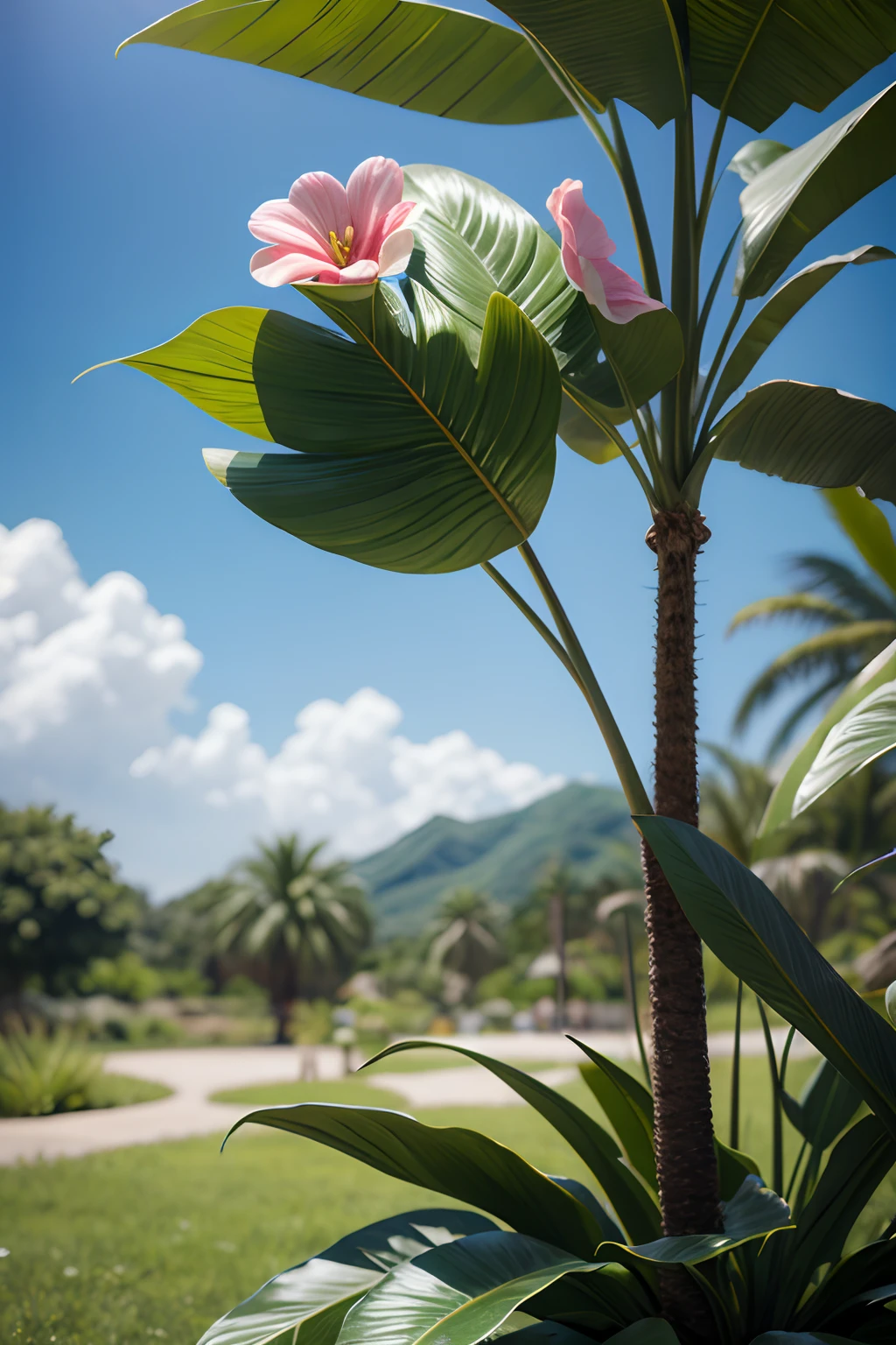 Ultra realistic scene, parallel world, tropical otherworldly plant as god, cult, tropical flowers, unusual art, unique art, summer blue sky background, sunlight, bright sunlight, blender, product rendering, HD 8K.