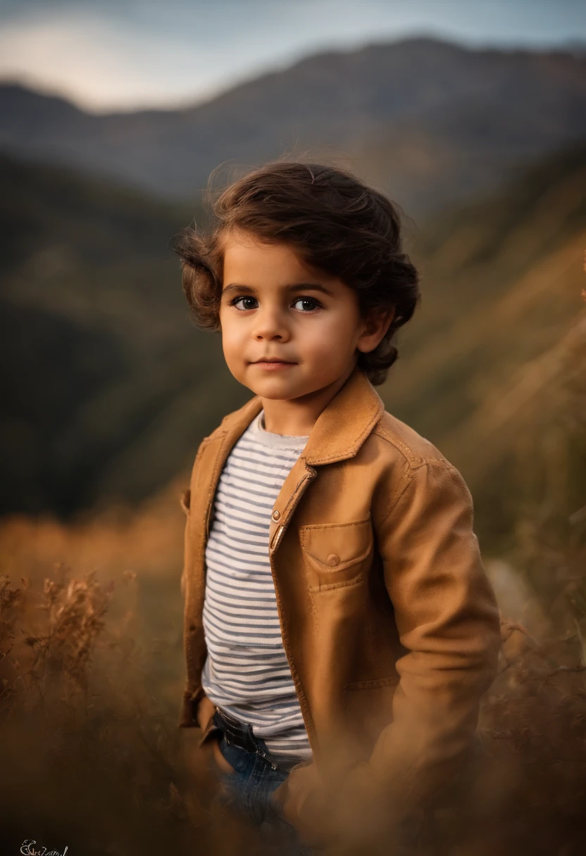 : Miguel, aproximadamente 5 anos de idade, cabelo curto estilo Disney, olhos castanhos e sorrisos. garota: Giovana, 2 anos, longos cabelos pretos e olhos azuis. scenecy: Miguel and Giovana are in a cozy little house in the valley, ao fundo um dia ensolarado, Destacando o Sol.