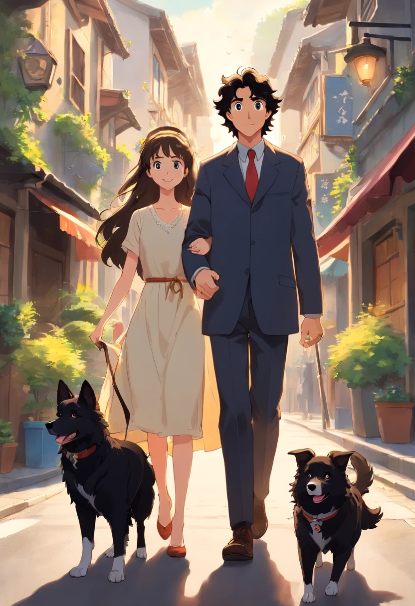 Ana and John are married. They are happily walking down the street with their two fully black adult Border Collie dogs. One of the dogs has a white tip. The woman Ana has curly brown hair. and the man John has straight black hair. Are they happy