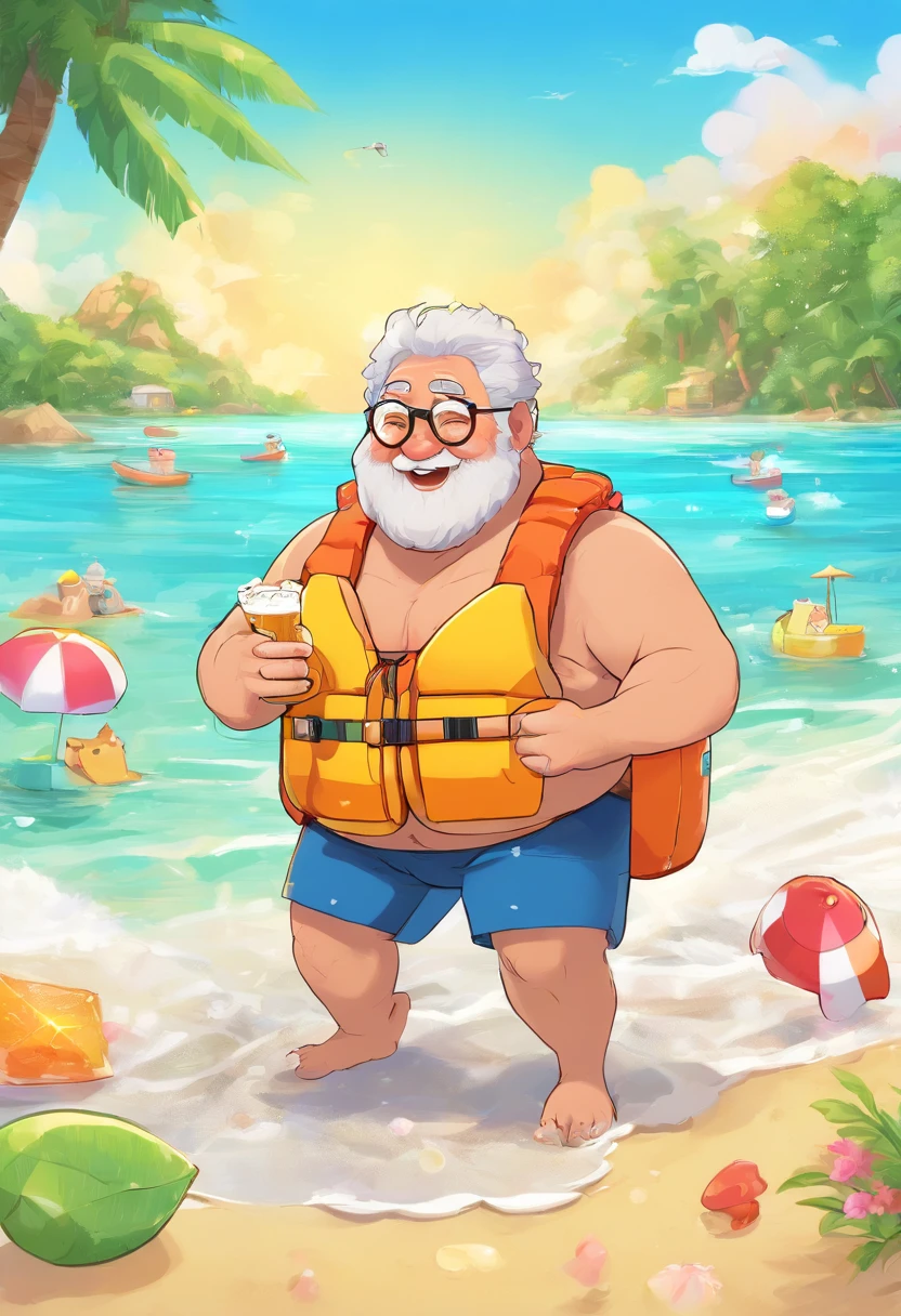 A fat grandfather swimming using a life jacket, bare chested, on the beach, and enjoying a cup of beer, his face flushed, chubby, fatty, full body, old man brown skin, detail on body, red , red cheeks ,