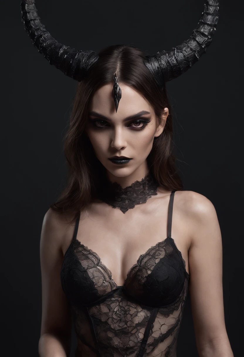 Horned demonic woman dressed in black lingerie posing for a photo in a dark studio, maquiagem preta, Corpo Perfeito, pose sensual, ultra detalhado, master part.
