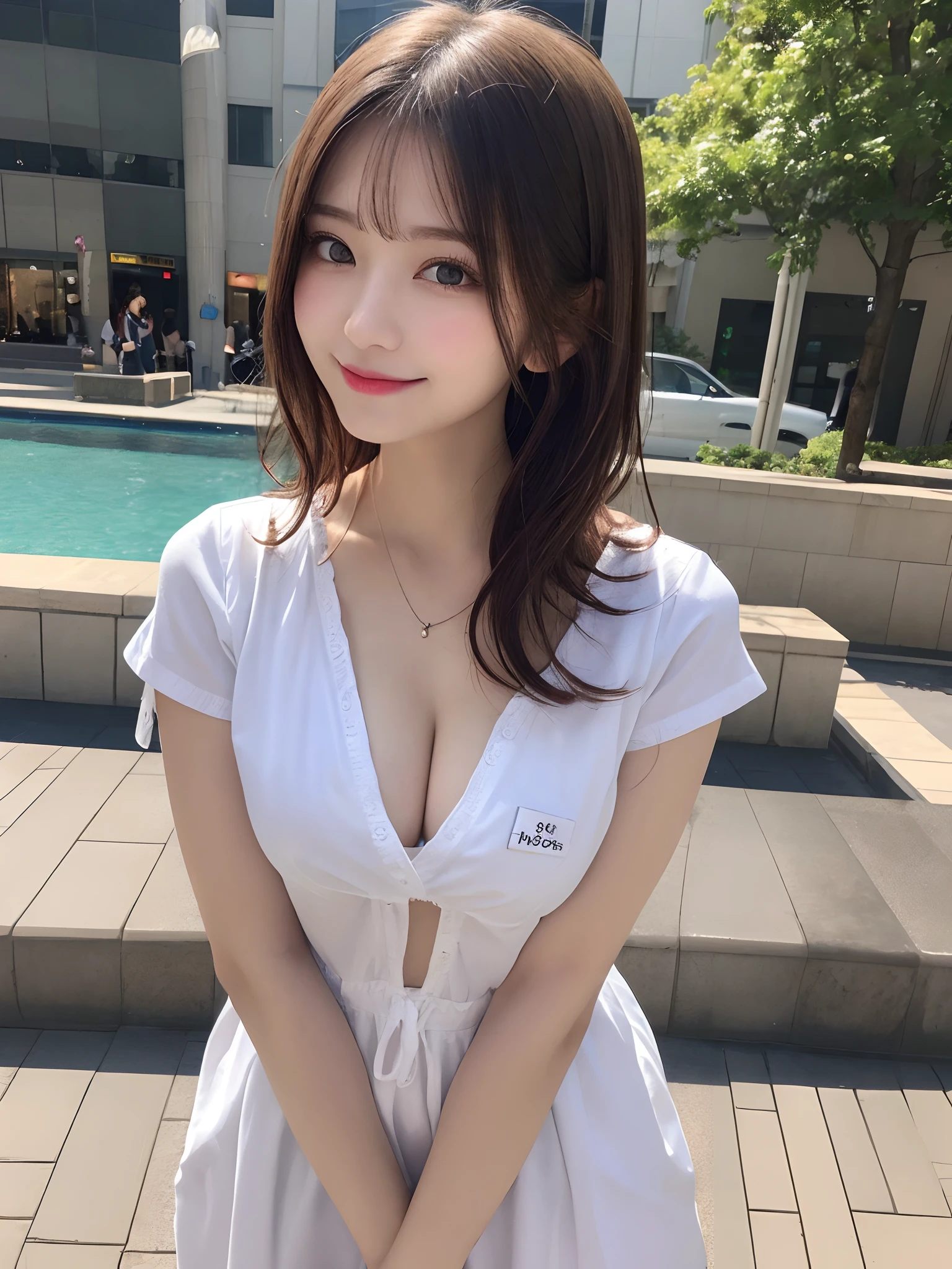 masutepiece、Best Quality、Illustration、 ultra-detailliert、hight resolution、8K Wallpapers、Beautiful detailed eyes、Medium Hair、Natural Color Lip、Smile、Harajuku、20 years girl、Cute、Sexy shot looking at camera、No chest、Nurse、swim wears