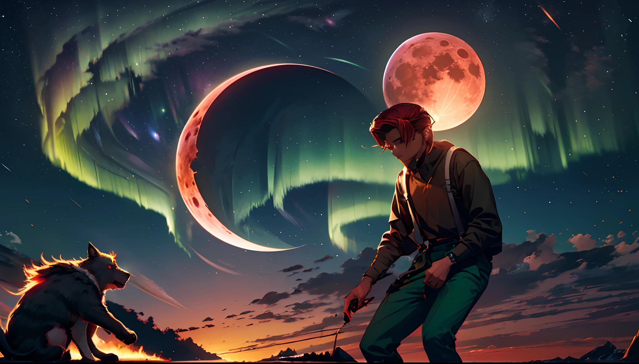 There is a large blood moon in the sky，Red meteor，Green Northern Lights，middle parted hairstyle，Suspenders