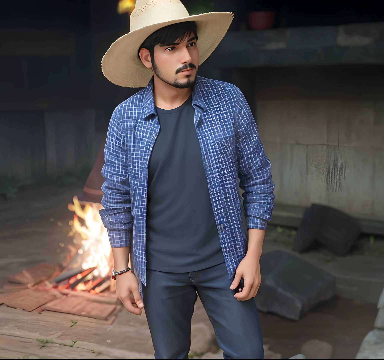 Man in hat standing in front of a fire, andres rios, imagem de perfil, 🤠 usando um 🖥, Vaquero mexicanoo, foto de perfil 1024px, imagem de qualidade muito baixa, he is wearing a hat, Estilo Zigor Samaniego, mexicano, Cristiano Orrillo, Pablo Perdomo, imagem do avatar, estilo cowboy