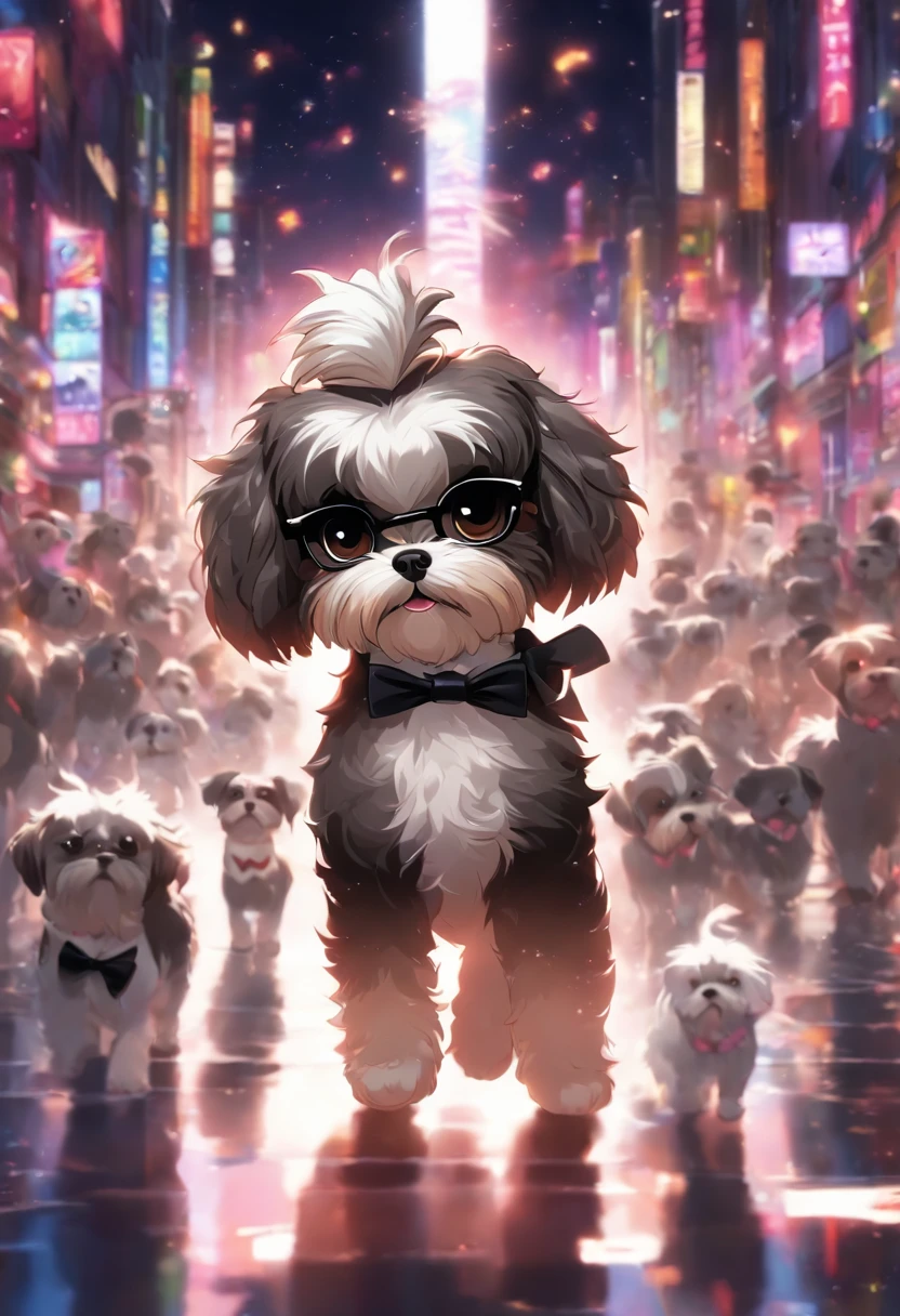 There's a small shih tzu dog mixed in black and white colors with a bow tie and sunglasses, peluda bonita precisa de sua ajuda, Looking towards the camera, queixo pequeno, bonita, taken with sony a7r camera, olhar desleixado, Oi, monochrome black and white, lovingly looking at camera