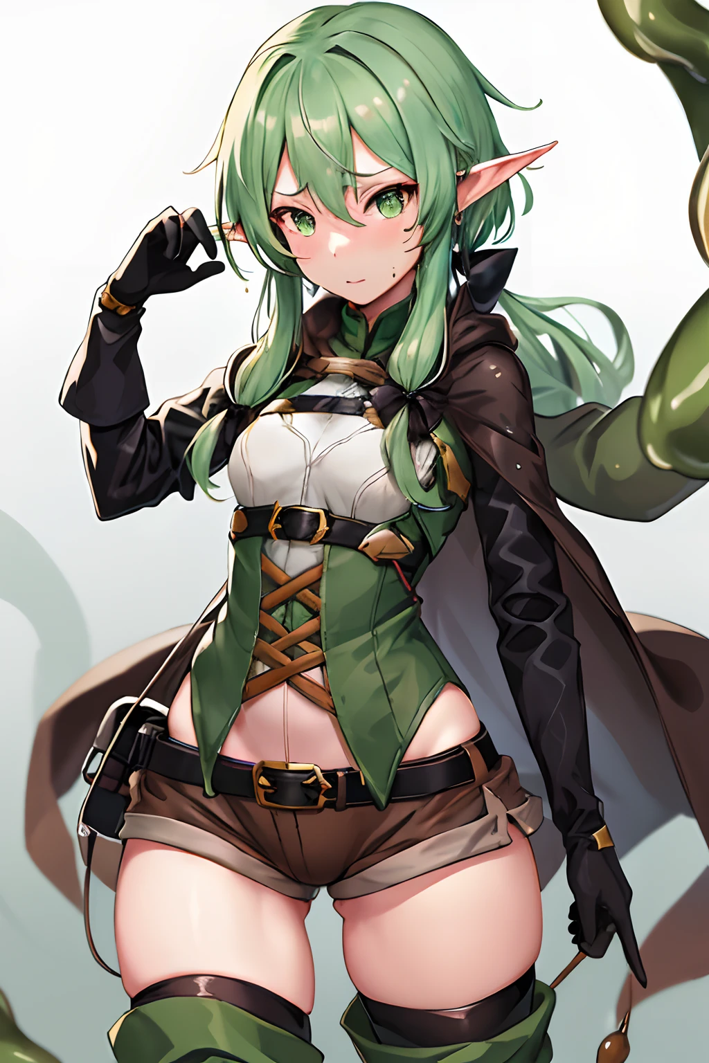 masutepiece, Best Quality, hight resolution, 1girl in, elf, pointy ear, Green hair, Long hair, side locks, Hair Bow, Small breasts, cloaks, Green eyes, Black Gloves, Brown shorts, green thighhighs, Short shorts, Belt bag,embarassed expression、((Caught by tentacles))、((Tentacles are inserted))、((whole body Dripping wet))