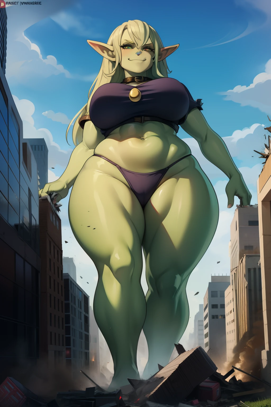 GTS, giantess, goblin, green skin, curvy, busty, smirk, evil, thick thighs, walking, stepping, rampage, destruction