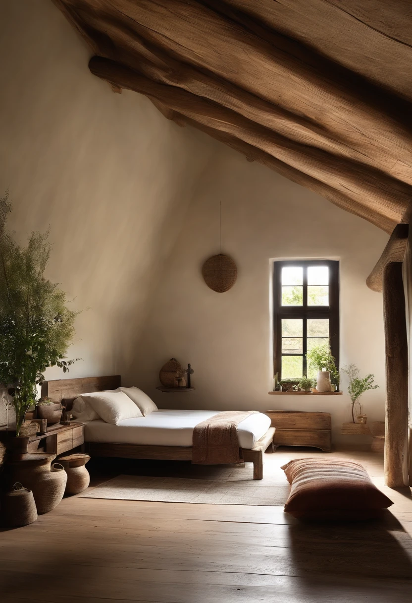 Wabi Sabi style bedroom, wood color, bright white