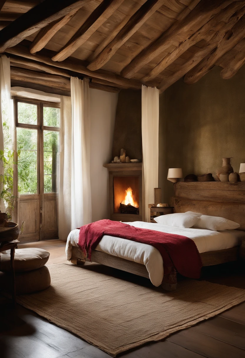 Wabi Sabi style bedroom, wood color, bright white
