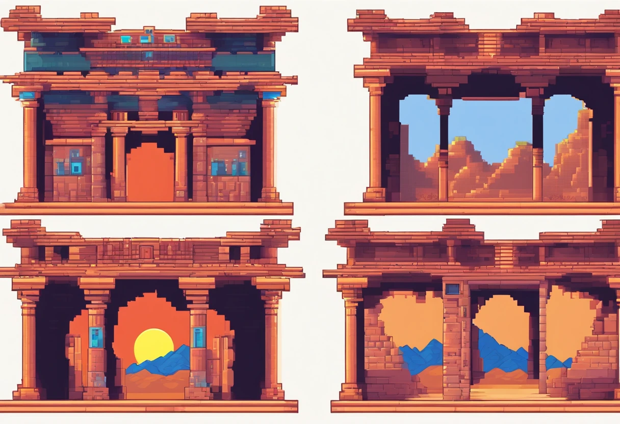 Pixel art image of a temple or ruins in a desert setting, image is split into two sections, left side shows temple or ruins with large pillar in center, pillar has hieroglyphs on it and blue vase at base, background is desert landscape with pink and orange sky, right side shows dark underground room with torch on wall, room is made of stone bricks and has a hieroglyph on the wall.