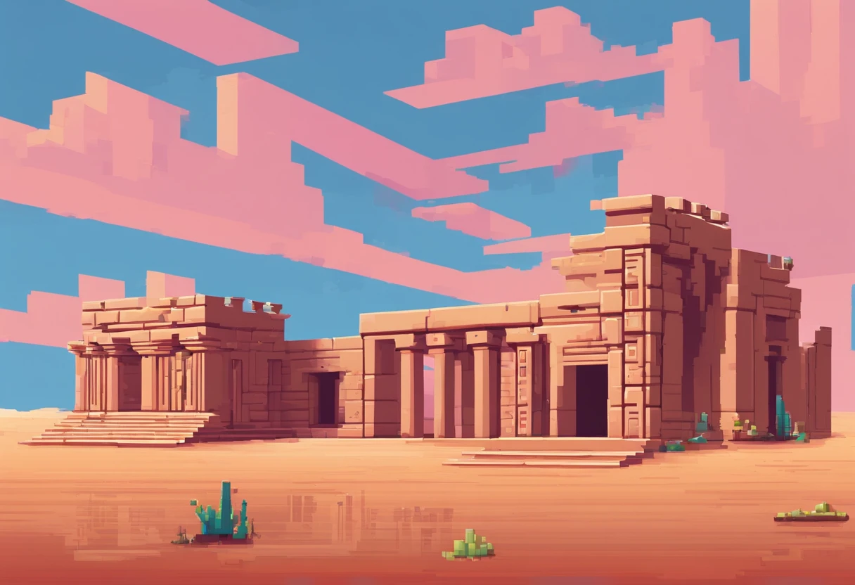 Pixel art image of a temple or ruins in a desert setting, image is split into two sections, left side shows temple or ruins with large pillar in center, pillar has hieroglyphs on it and blue vase at base, background is desert landscape with pink and orange sky, right side shows dark underground room with torch on wall, room is made of stone bricks and has a hieroglyph on the wall.