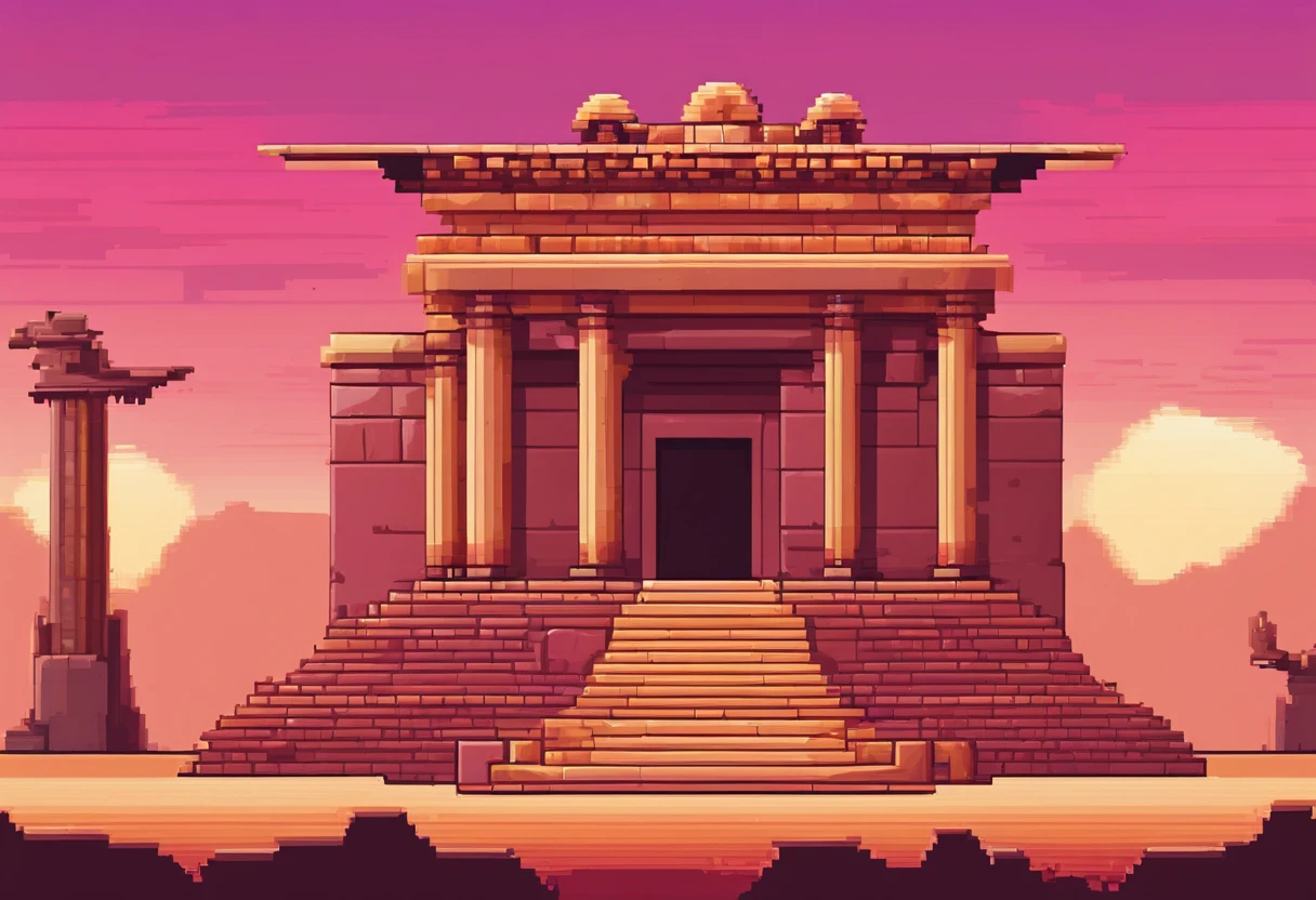 Pixel art image of a temple or ruins in a desert setting, image is split into two sections, left side shows temple or ruins with large pillar in center, pillar has hieroglyphs on it and blue vase at base, background is desert landscape with pink and orange sky, right side shows dark underground room with torch on wall, room is made of stone bricks and has a hieroglyph on the wall.