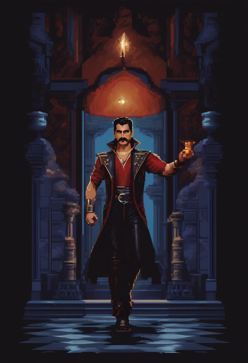 Fred Mercury pixel version in the style of the rpg games of the 90s.