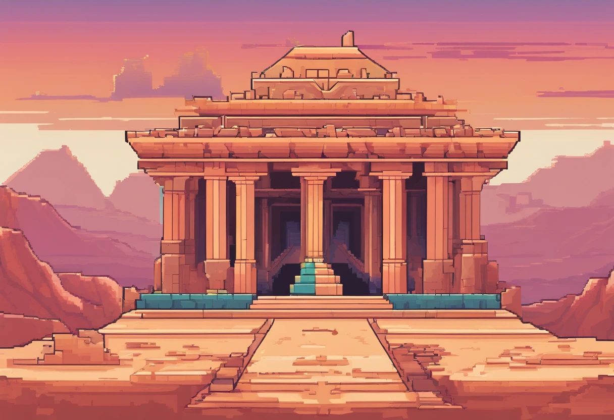 a close up of a video game with a tower and a man, ancient ruins background, neon ancient ruins, detailed game art, city ruins background, background is the ruins, 2 d game art, 2d game art, ultra detailed game art, background art, dungeon background, 2 d game art background, ancient ruins, temple background, detailed pixel artwork, background artwork, Tiny Hieroglyphs, Pixel art image of a temple or ruins in a desert setting, image is split into two sections, left side shows temple or ruins with large pillar in center, pillar has hieroglyphs on it and blue vase at base, background is desert landscape with pink and orange sky, right side shows dark underground room with torch on wall, room is made of stone bricks and has a hieroglyph on the wall.