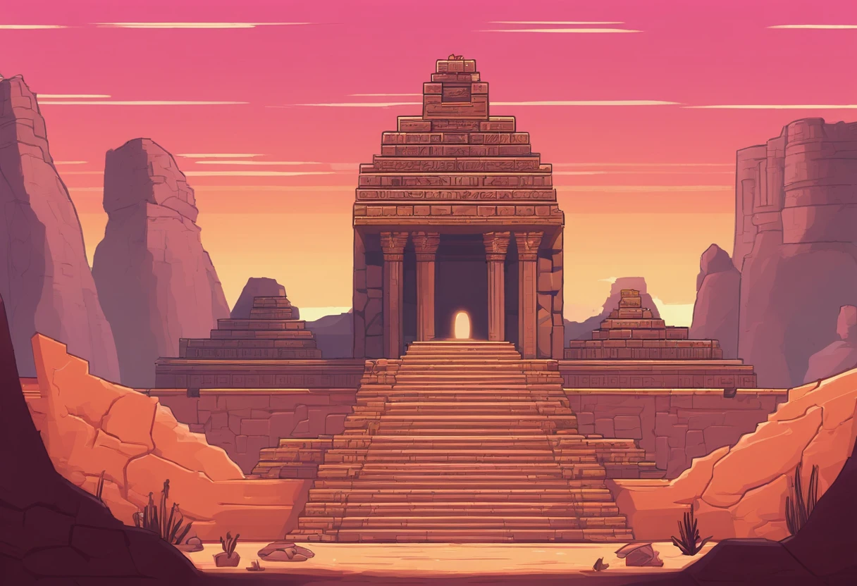 a close up of a video game with a tower and a man, ancient ruins background, neon ancient ruins, detailed game art, city ruins background, background is the ruins, 2 d game art, 2d game art, ultra detailed game art, background art, dungeon background, 2 d game art background, ancient ruins, temple background, detailed pixel artwork, background artwork, Tiny Hieroglyphs, Pixel art image of a temple or ruins in a desert setting, image is split into two sections, left side shows temple or ruins with large pillar in center, pillar has hieroglyphs on it and blue vase at base, background is desert landscape with pink and orange sky, right side shows dark underground room with torch on wall, room is made of stone bricks and has a hieroglyph on the wall.
