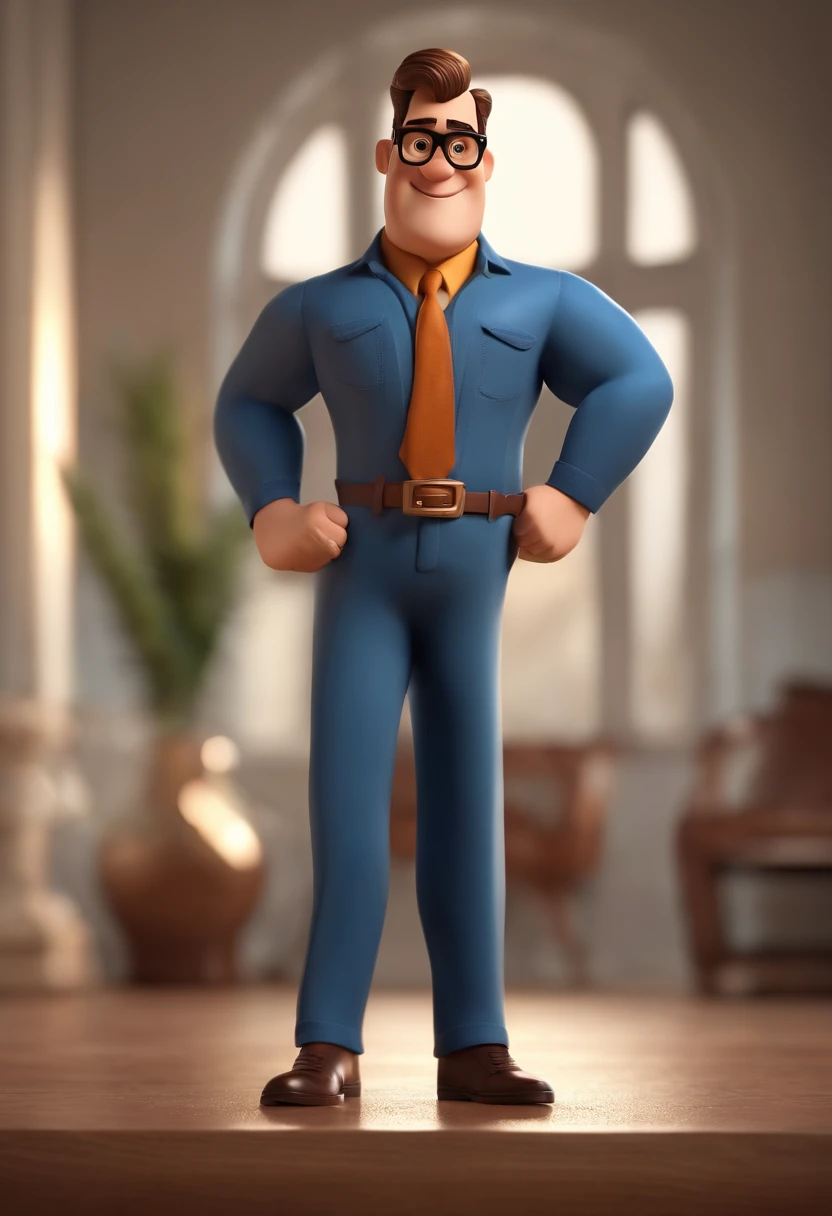 Cartoon character of a man wearing black glasses and a blue shirt, um personagem animado, Caractere estilizado, animation style rendering, 3D estilizado, Arnold Maya render, 3 d render stylized, toon render keyshot, Personagem 3D, Personagem 3D, 3d rendering stylized, 3 d character render, personagem de desenho animado, Personagem de close up, Pose de personagem, (Estilo Pixar) (master part:1.2) (Bokeh) (best quality) (pele detalhada) (textura detalhada) (8k) (argila) (Cinematic lighting) (foco nítido,Senta e vaza a parte superior do corpo