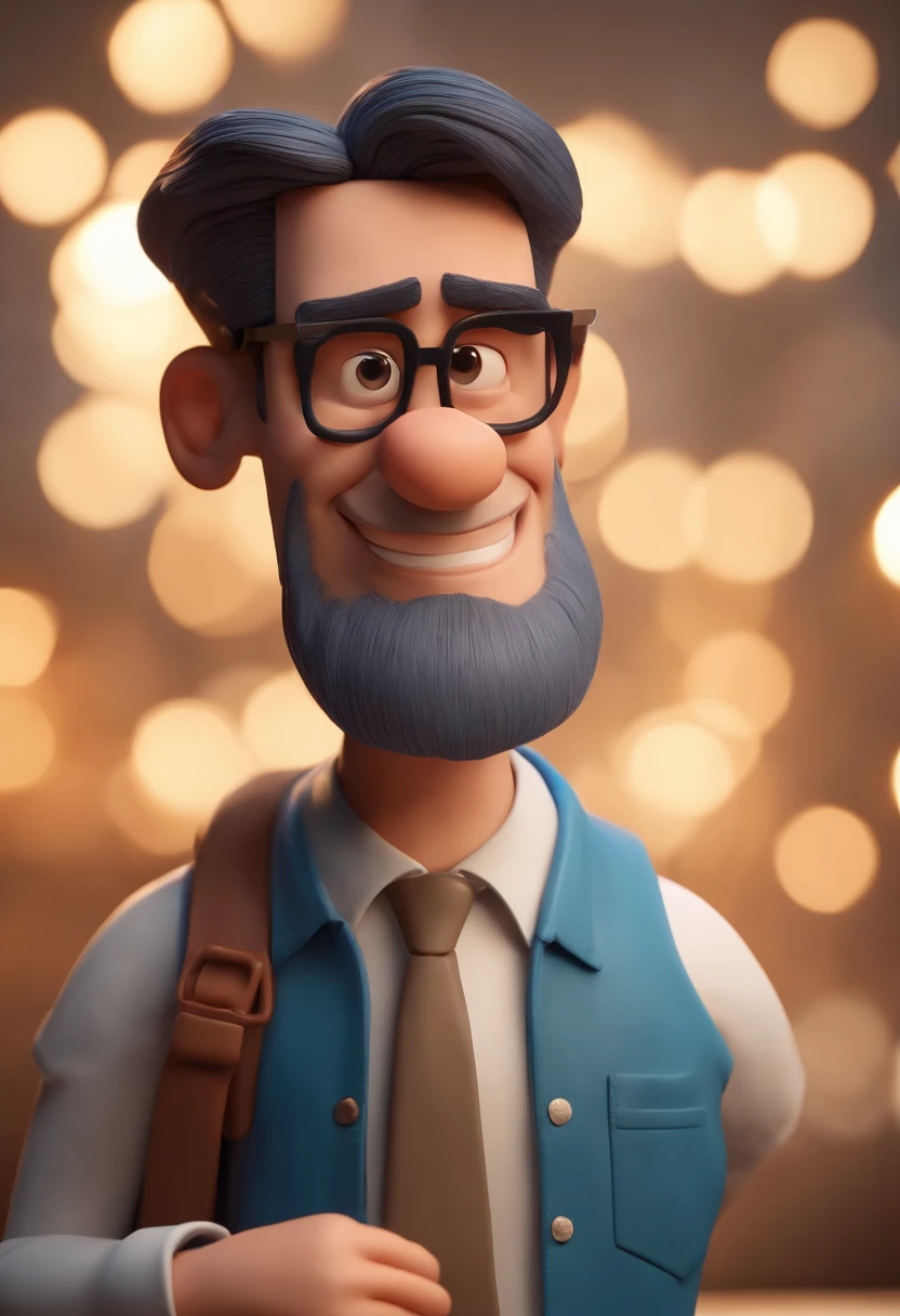 Cartoon character of a man wearing black glasses and a blue shirt, um personagem animado, Caractere estilizado, animation style rendering, 3D estilizado, Arnold Maya render, 3 d render stylized, toon render keyshot, Personagem 3D, Personagem 3D, 3d rendering stylized, 3 d character render, personagem de desenho animado, Personagem de close up, Pose de personagem, (Estilo Pixar) (master part:1.2) (Bokeh) (best quality) (pele detalhada) (textura detalhada) (8k) (argila) (Cinematic lighting) (foco nítido，Senta e vaza a parte superior do corpo