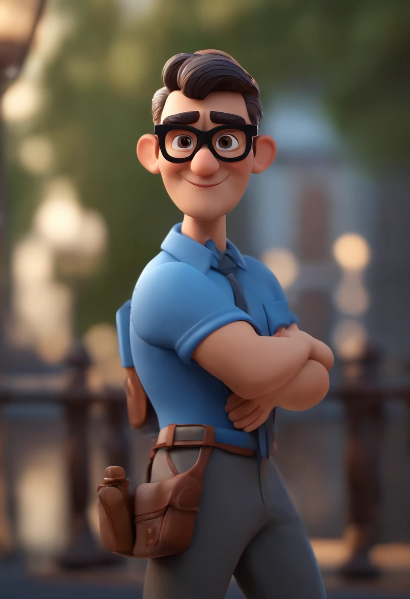 Cartoon character of a man wearing black glasses and a blue shirt, um personagem animado, Caractere estilizado, animation style rendering, 3D estilizado, Arnold Maya render, 3 d render stylized, toon render keyshot, Personagem 3D, Personagem 3D, 3d rendering stylized, 3 d character render, personagem de desenho animado, Personagem de close up, Pose de personagem, (Estilo Pixar) (master part:1.2) (Bokeh) (best quality) (pele detalhada) (textura detalhada) (8k) (argila) (Cinematic lighting) (foco nítido,Senta e vaza a parte superior do corpo