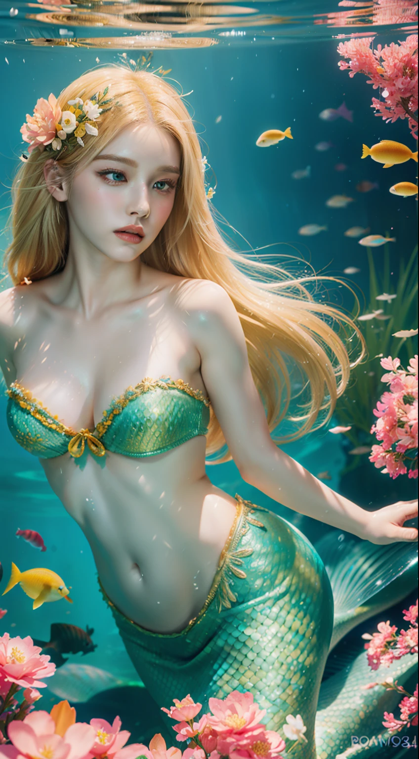 mermaid with blonde hair and flowers floating in the water, beautiful mermaid, beautiful digital illustration, a beautiful artwork illustration, beautiful digital artwork, beautiful gorgeous digital art, beautiful digital art, blonde female water elemental, gorgeous digital art, very beautiful digital art, closeup fantasy with water magic, beautiful fantasy art, beautiful digital painting, exquisite digital illustration, gorgeous digital painting