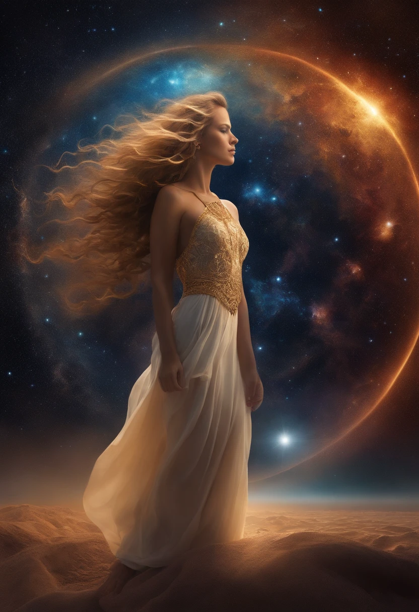 A mesmerizing scene unfolds before your eyes as you gaze upon a hypnotic eye blending into a star-studded sky, dotted with nebulae and cosmic dust. Beneath this cosmic display, depict a tranquil beach with the surface of the ocean is sparkling, lush and symmetrically reflects the sparkling nebulae and luminous astral bodies dot. A mystical woman with long flowing hair and a translucent flowing dress, holding a glowing moon above her head against a backdrop of a starry night sky and a calm beach with the sun setting on the horizon. She is surrounded by luminescent star-like sparkles, suggesting an ethereal or magical presence. The scene exudes a dreamy and cosmic atmosphere.