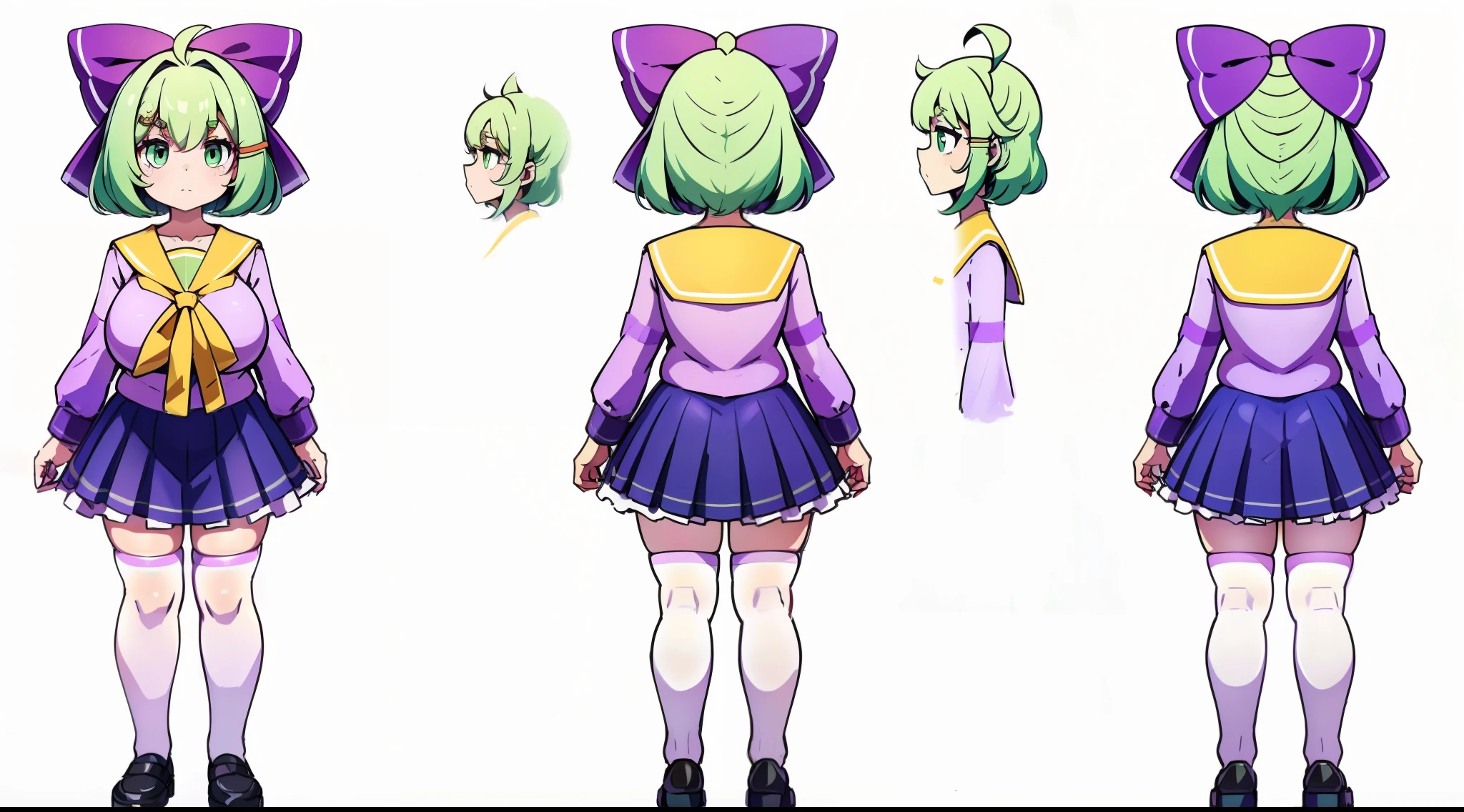 (Masterpiece), (Best quality), (1girll), (Extremely detailed:1.3), (Extremely detailed eyes), (Extremely detailed pointers), (Extremely detailed mouth), (Motherly figure, Thick stature), (Thick body), (Huge breasts), (enormous thigh), (big assa), a sailor suit, (Perfect posture, Happy expression, Calm expression), Green short bob hair,Hair Bow, Short green hair,Green eyes,head gear,hair pin,Purple and yellow sailor collar,Striped sailor suit,Pleated skirt in blue color,White stockings,leather shoes,Dull hair,Beanie eyebrows,Hair rope,, full bodyesbian, White background, far away from camera, straight arms, Straight legs, Chara table。, Perfect hands, Chara table, character sheets (Front - Back), Expressionless, Mouth closed, Looking directly at, Turn around, reference sheet, model sheet