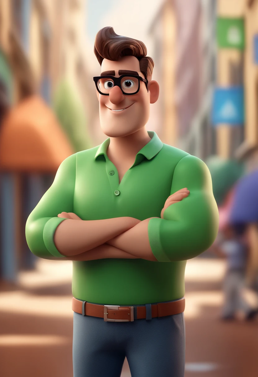 Cartoon character of a man with blue glasses and a green shirt, animation character, Caractere estilizado, animation style rendering, 3D estilizado, Arnold Maya render, 3 d render stylized, toon render keyshot, Personagem 3D, Personagem 3D, 3d rendering stylized, 3 d character render, personagem de desenho animado, Personagem de close up, Pose de personagem, (Estilo Pixar) (master part:1.2) (Bokeh) (best quality) (pele detalhada) (textura detalhada) (8k) (argila) (Cinematic lighting) (foco nítido