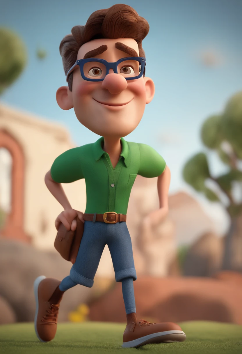 Cartoon character of a man with blue glasses and a green shirt, animation character, Caractere estilizado, animation style rendering, 3D estilizado, Arnold Maya render, 3 d render stylized, toon render keyshot, Personagem 3D, Personagem 3D, 3d rendering stylized, 3 d character render, personagem de desenho animado, Personagem de close up, Pose de personagem, (Estilo Pixar) (master part:1.2) (Bokeh) (best quality) (pele detalhada) (textura detalhada) (8k) (argila) (Cinematic lighting) (foco nítido