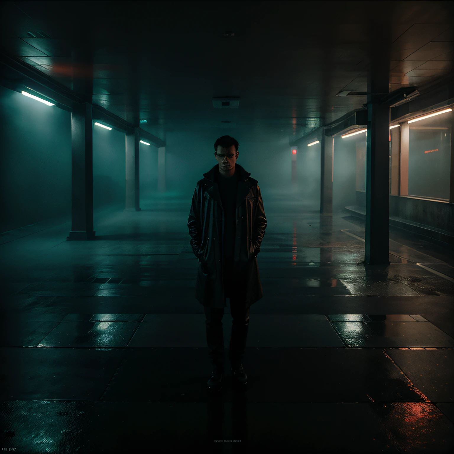 an empty foggy wet area with a sign board，in the style of marko manev, richard billingham, ethereal portraiture, tonalist color scheme, james paick, pensive stillness, dark aquamarine and red