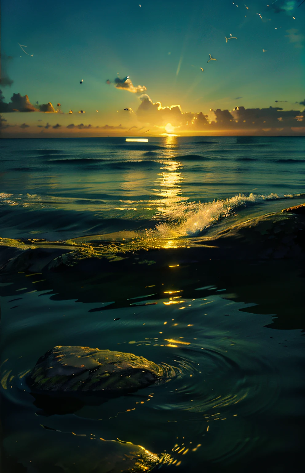 "Vast endless ocean stretches out into the horizon, magnificent whales breaching and diving into the depths. The sun glitters on the surface of the water, casting a warm golden light over everything in its path, creating a stunning visual masterpiece. Let the tranquility and beauty of the underwater world capture your imagination, with its soft color palette, flowing movements, and serene stillness."
