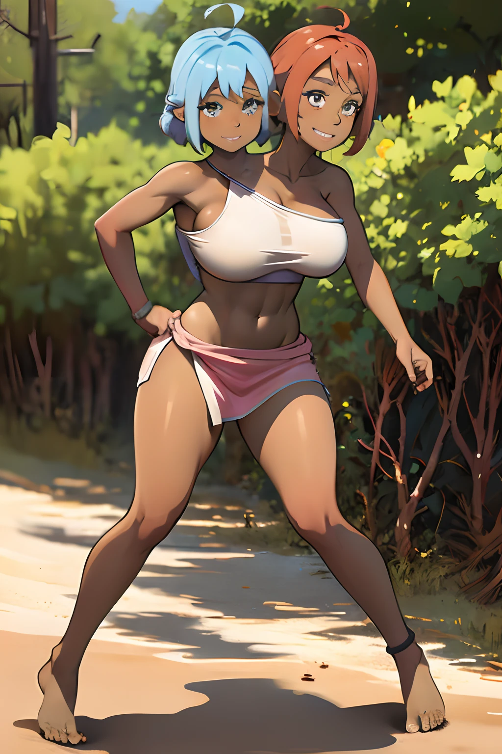 ((2heads)),masterpiece, best quality, tsharuna, very pearly white skin, tan skin, blue hair, red hair, pink hair, burlap crop top, sarong, torn clothes, bare shoulders, large breasts, upper body, primitive village, forest, looking at viewer, smile,wide torso, thick thighs,  big hips,big bulge,full body, running pose