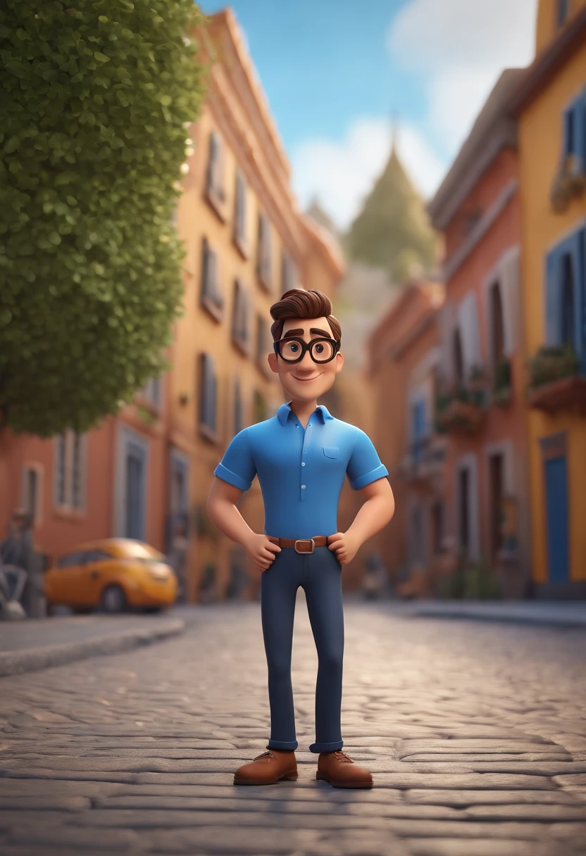 Cartoon character of a man with black glasses and a blue shirt, animation character, Caractere estilizado, animation style rendering, 3D estilizado, Arnold Maya render, 3 d render stylized, toon render keyshot, Personagem 3D, Personagem 3D, 3d rendering stylized, 3 d character render, personagem de desenho animado, Personagem de close up, Pose de personagem, (Estilo Pixar) (master part:1.2) (Bokeh) (best quality) (pele detalhada) (textura detalhada) (8k) (argila) (Cinematic lighting) (foco nítido