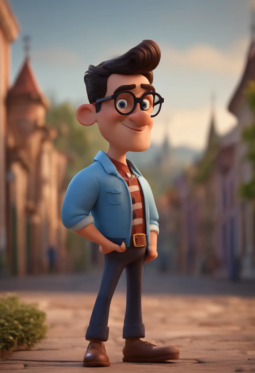Cartoon character of a man with black glasses and a blue shirt, animation character, Caractere estilizado, animation style rendering, 3D estilizado, Arnold Maya render, 3 d render stylized, toon render keyshot, Personagem 3D, Personagem 3D, 3d rendering stylized, 3 d character render, personagem de desenho animado, Personagem de close up, Pose de personagem, (Estilo Pixar) (master part:1.2) (Bokeh) (best quality) (pele detalhada) (textura detalhada) (8k) (argila) (Cinematic lighting) (foco nítido