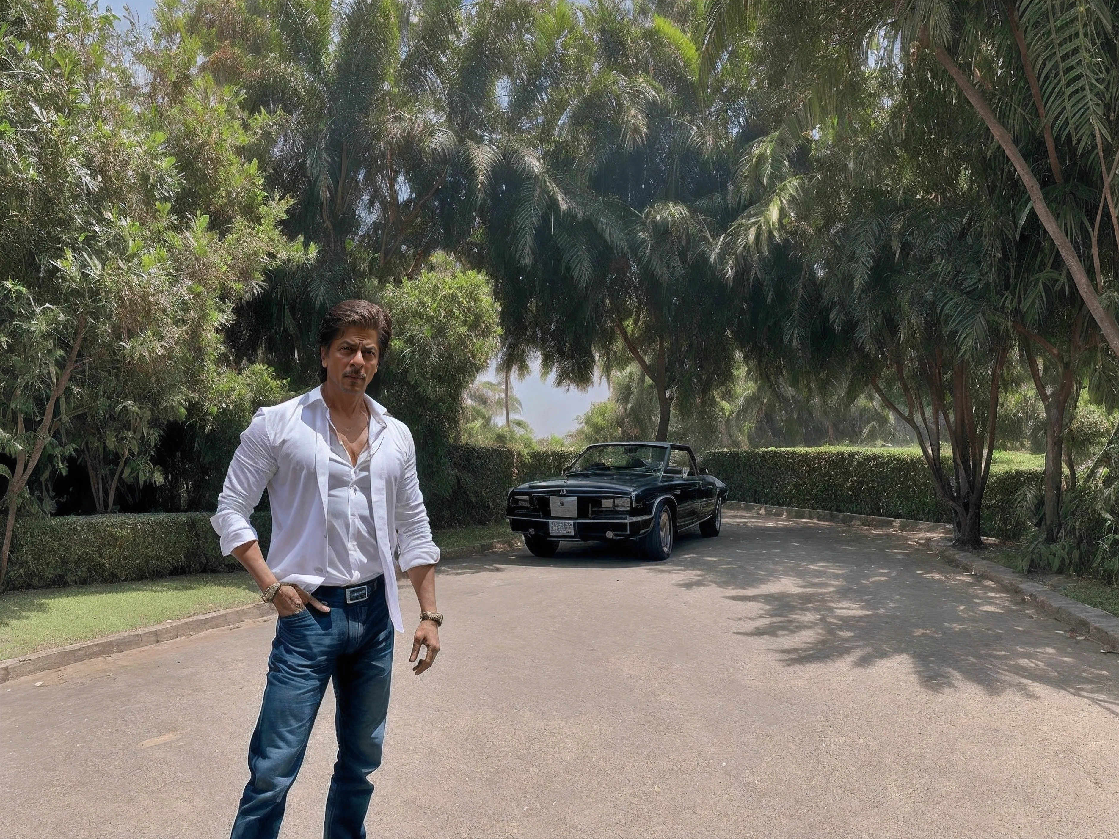 make a picture where srk was standing before his millions of fans and give his iconic pose from  his house  full realistic shah rukh khan's face