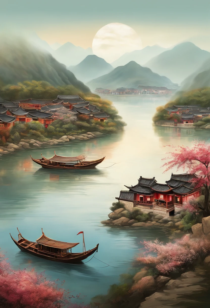 This painting depicts the beauty of the water towns in the south of the Yangtze River,Through the use of ink color and splash ink techniques, emotions in natural scenery are expressed。In the distance, rolling hills are displayed,Nearby, the rippling waters are on the water。Gradients and light and shadow manipulation create a dreamy feel,And outline the figure with lines、Trees, flowers and other elements Li can be dyed authentic