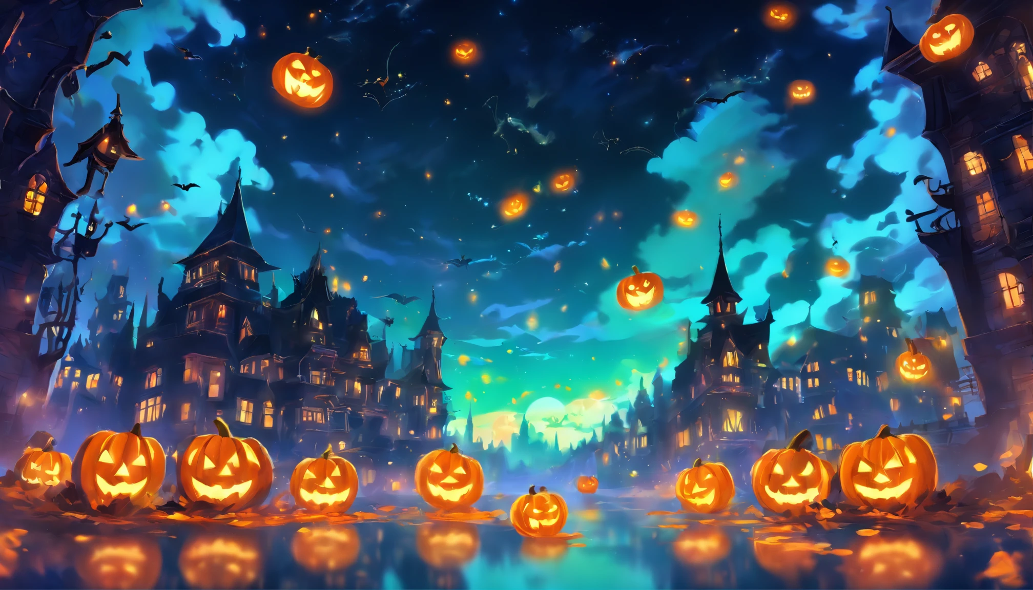 Halloween Floating Lights, Light and reflection in the film, glowing lights, Intermediate elements of the metaverse,Digital Painting, Bright Reflections, reflect, Halloween Jack-o'-lantern, Quiet night, Digital Illustration, lovely atmosphere, Skylight at night, Quiet atmosphere at night, Jack-o'-lantern, Halloween, it is night, 10, The game scene, Halloween, Surrounded by clouds, New York's Buildings, Will、Enamel Tile, beautifuly color, There are three arches in the foreground((Tinted Ink ) ), ((splashing ink) inky})), tmasterpiece, High career, graphics beautiful, high details,magnifica