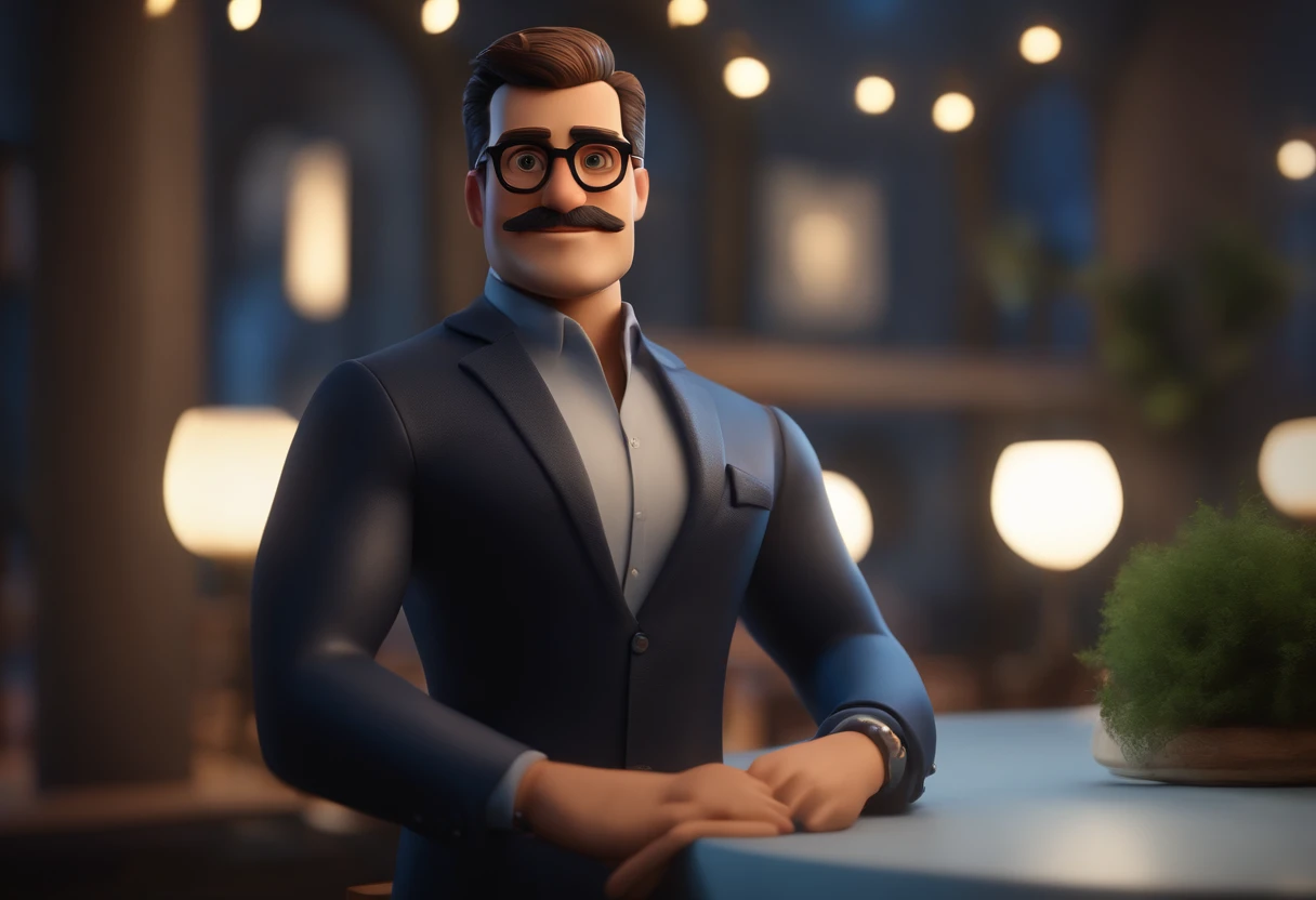 Cartoon character of a man wearing black glasses and a blue shirt, an animated character, Stylized character, animation style rendering, 3D stylized, Arnold Maya render, 3d stylized rendering, toon rendering keyshot, 3D Character, 3D Character , stylized 3d rendering, 3D Character Rendering, cartoon character, Closeup Character, Character Pose, (Pixar Style) (Masterpiece:1.2) (Bokeh) (Best Quality) (Detailed Skin) (Detailed Texture) ( 8k) (clay) (Cinematic lighting) (sharp focus,Sits and leaks the upper body